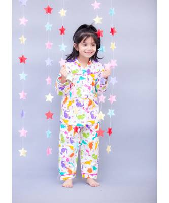 White Printed Night Suit with Pink Piping 1