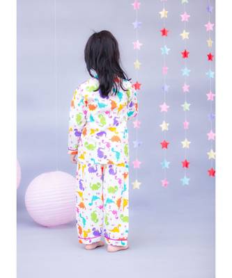 White Printed Night Suit with Pink Piping 2