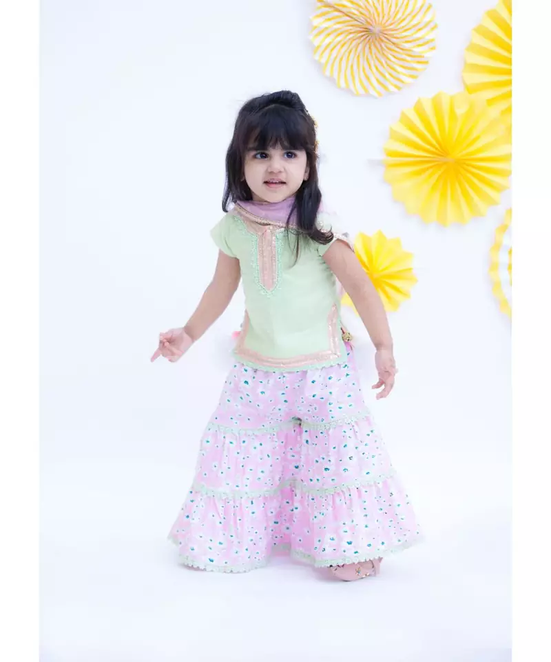Pista Green Kurti with Pink Printed Sharara
