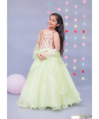 Sequence 3D Flower Choli with Green Organza Lehenga 1