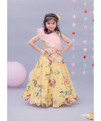 Gold Sequence Choli with Yellow Printed Lehenga 1