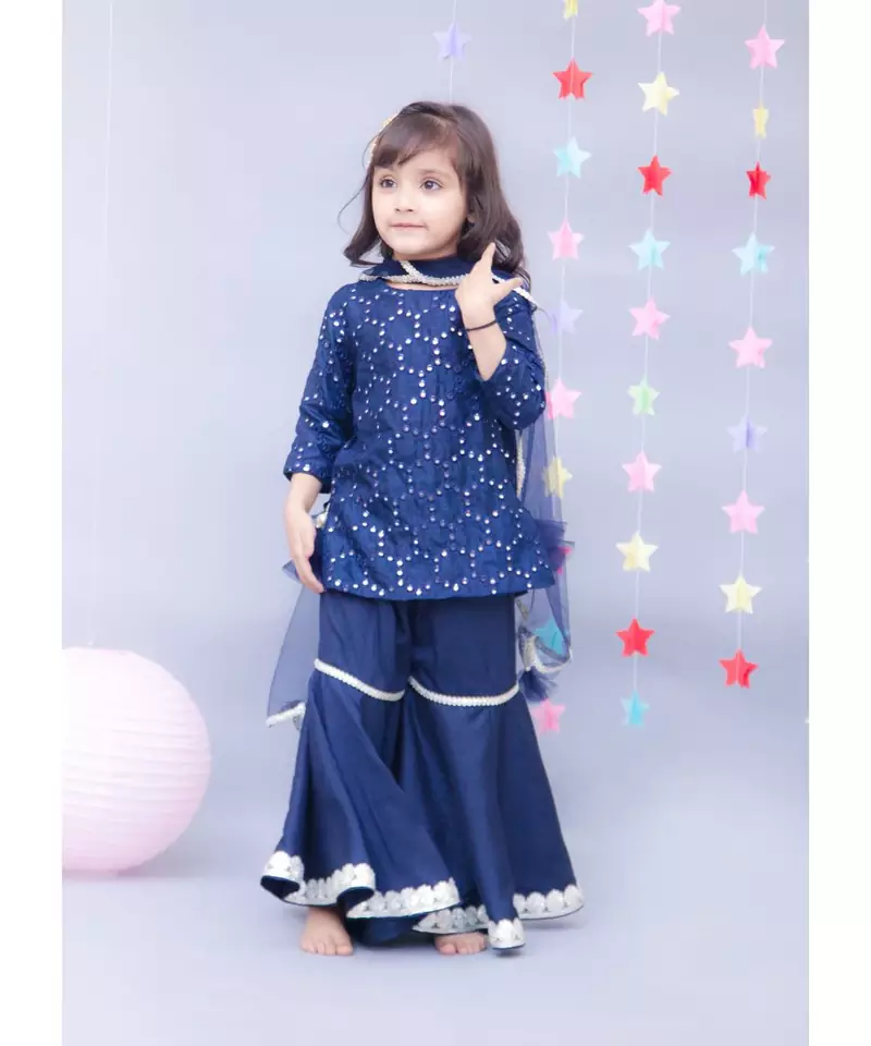 Dark Blue Mirror work Kurti with Sharara