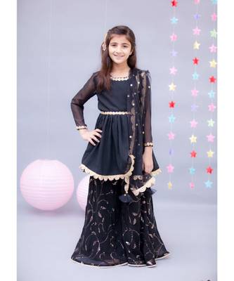 Black Georgette Sequins Sharara Set For Girls 1