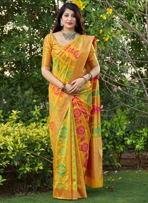 Yellow woven banarasi silk saree with blouse 1