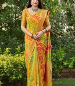 Yellow woven banarasi silk saree with blouse