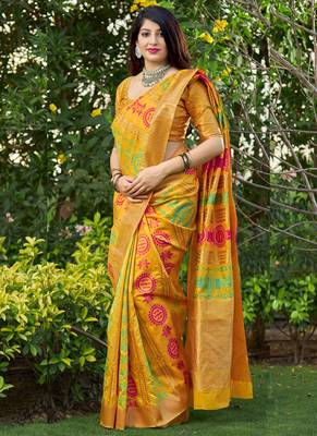 Yellow woven banarasi silk saree with blouse 2