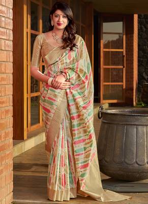 Beige woven banarasi silk saree with blouse 1