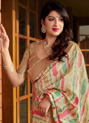 Beige woven banarasi silk saree with blouse 2