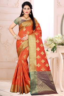   orange woven cotton saree with blouse 1