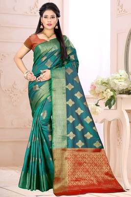 blue woven cotton saree with blouse 1