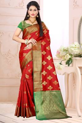 red woven cotton saree with blouse 1