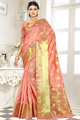 peach woven banarasi saree with blouse 1