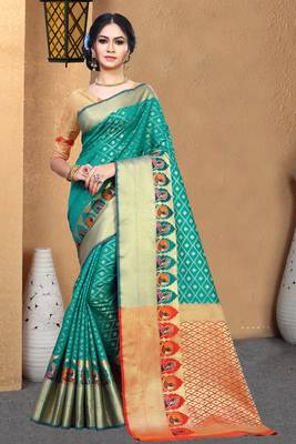 green woven banarasi saree with blouse 1