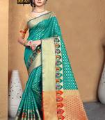 green woven banarasi saree with blouse