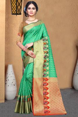 green woven banarasi saree with blouse 1