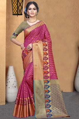 pink woven art silk saree with blouse 1
