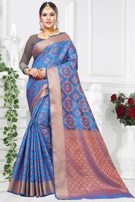 blue woven art silk saree with blouse 1