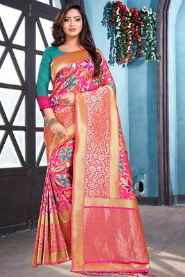pink woven art silk saree with blouse 1