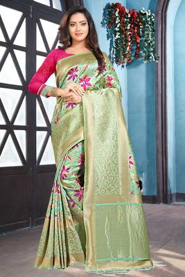 green woven art silk saree with blouse 1