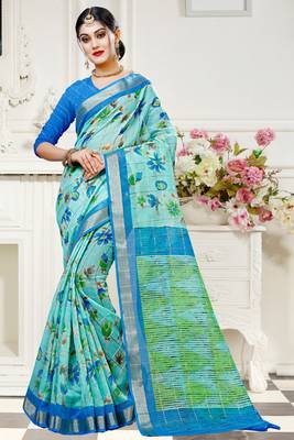 blue printed cotton saree with blouse 1
