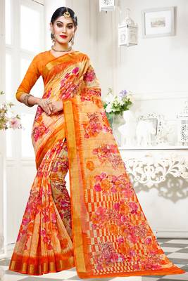 orange printed cotton saree with blouse 1