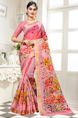 peach printed cotton saree with blouse 1