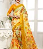yellow printed cotton saree with blouse