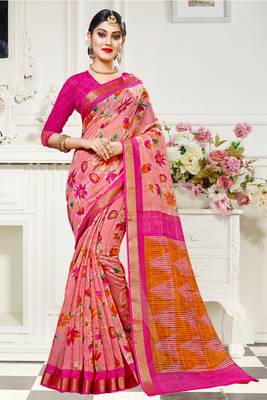 peach printed cotton saree with blouse 1