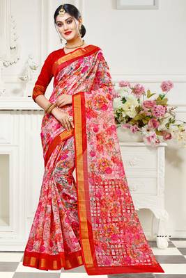 red printed cotton saree with blouse 1