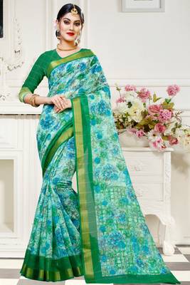 blue printed cotton saree with blouse 1