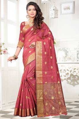 peach woven cotton saree with blouse 1