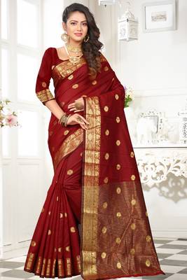 maroon woven cotton saree with blouse 1