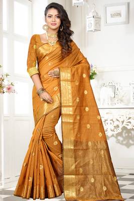 yellow woven cotton saree with blouse 1