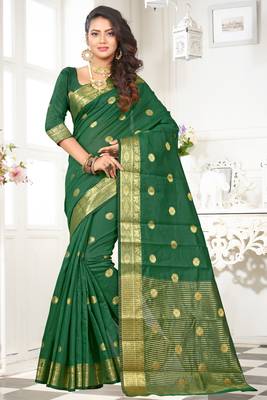 green woven cotton saree with blouse 1