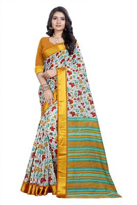 multicolor printed linen saree with blouse 1