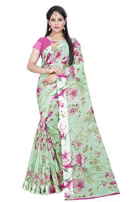 green printed linen saree with blouse 1