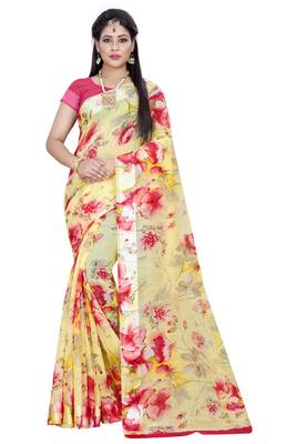 yellow printed linen saree with blouse 1
