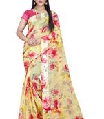 yellow printed linen saree with blouse