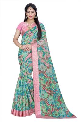 blue printed linen saree with blouse 1