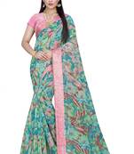 blue printed linen saree with blouse