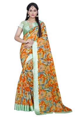 orange printed linen saree with blouse 1