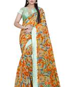 orange printed linen saree with blouse