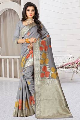 grey woven art silk saree with blouse 1
