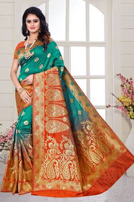 green woven art silk saree with blouse 1