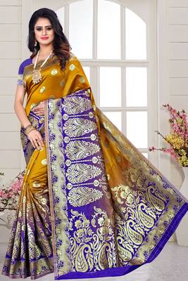 musturd woven art silk saree with blouse 1