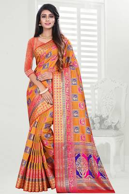 orange woven art silk saree with blouse 1