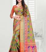 green woven art silk saree with blouse