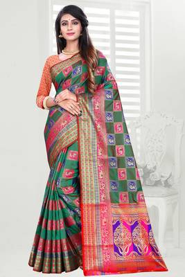 green woven art silk saree with blouse 1