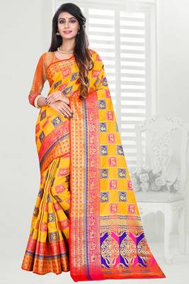 yellow woven art silk saree with blouse 1