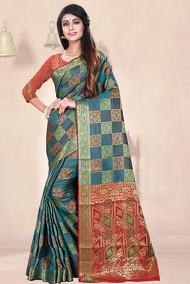 blue woven art silk saree with blouse 1
